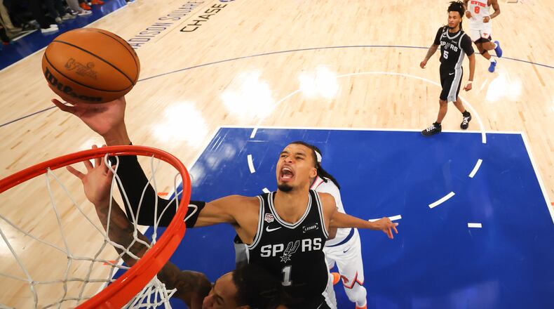 San Antonio Spurs forward Victor Wembanyama (1) shoots against the New York Knicks during the second half of Game 4 of the NBA Finals basketball series, Monday, June 8, 2026, in New York. (Al Bello/Pool Photo via AP)