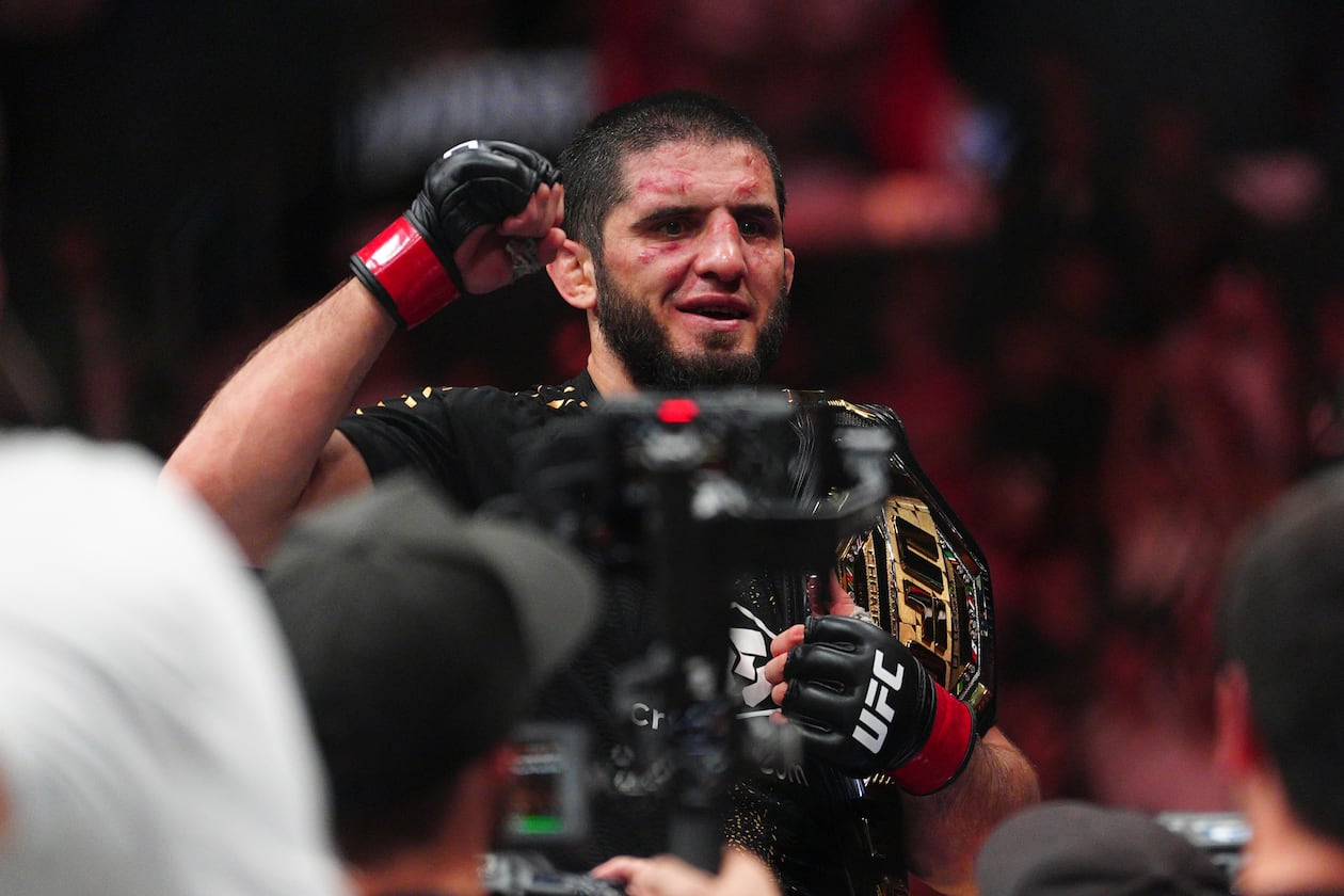 Islam Makhachev reacts after defeating Ian Machado Garry in a welterweight title fight at the UFC 330 mixed martial arts event Sunday, Aug. 16, 2026, in Philadelphia. (AP Photo/Derik Hamilton)