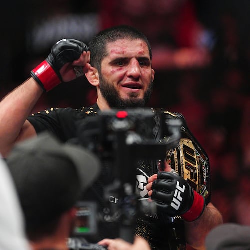 Islam Makhachev reacts after defeating Ian Machado Garry in a welterweight title fight at the UFC 330 mixed martial arts event Sunday, Aug. 16, 2026, in Philadelphia. (AP Photo/Derik Hamilton)