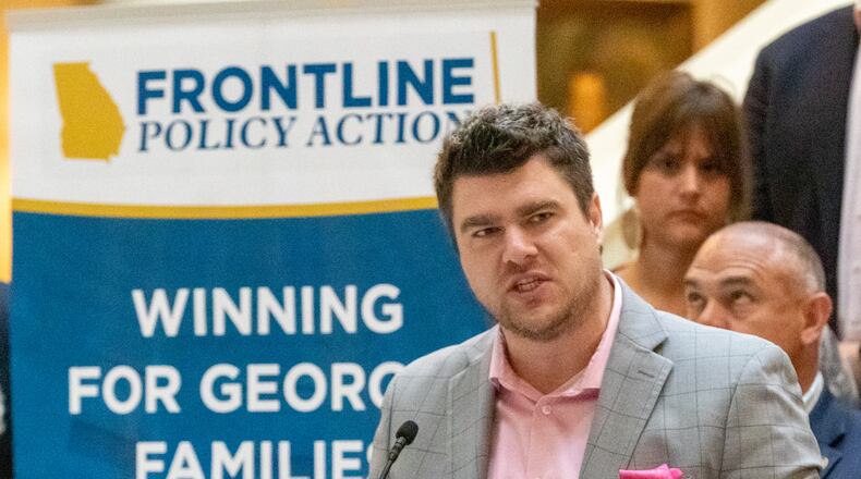 Frontline Policy president Cole Muzio speaks at an anti-abortion press conference in the state capital Friday, May 6, 2022. (Steve Schaefer / steve.schaefer@ajc.com)