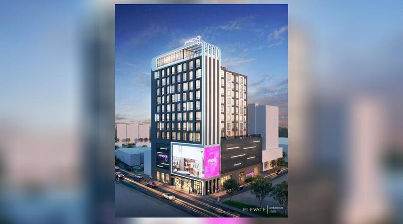 This is a rendering of a proposed Moxy by Marriott Downtown Atlanta/Centennial Park hotel along Marietta Street.