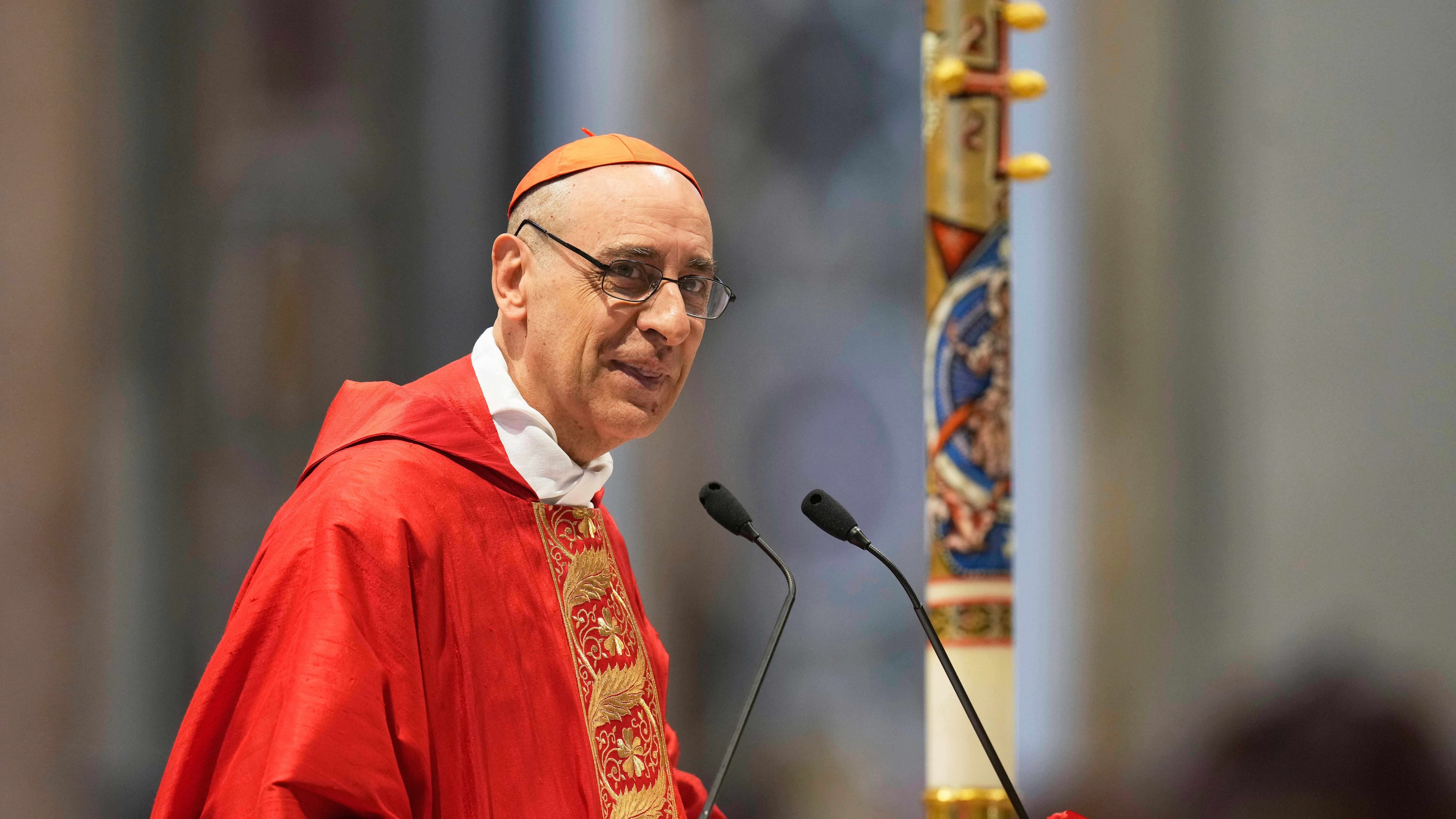 FILE -Cardinal Victor Manuel Fernandez delivers his speech during a mass on the sixth of nine days of mourning for late Pope Francis, in St. Peter's Basilica at the Vatican, May 1, 2025. (AP Photo/Gregorio Borgia, File)