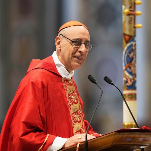 FILE -Cardinal Victor Manuel Fernandez delivers his speech during a mass on the sixth of nine days of mourning for late Pope Francis, in St. Peter's Basilica at the Vatican, May 1, 2025. (AP Photo/Gregorio Borgia, File)