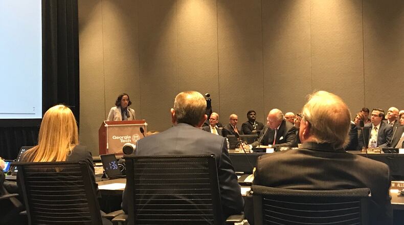 Georgia Board of Regents members listen to a budget presentation at the Apirl 17, 2018 meeting. ERIC STIRGUS / ESTIRGUS@AJC.COM