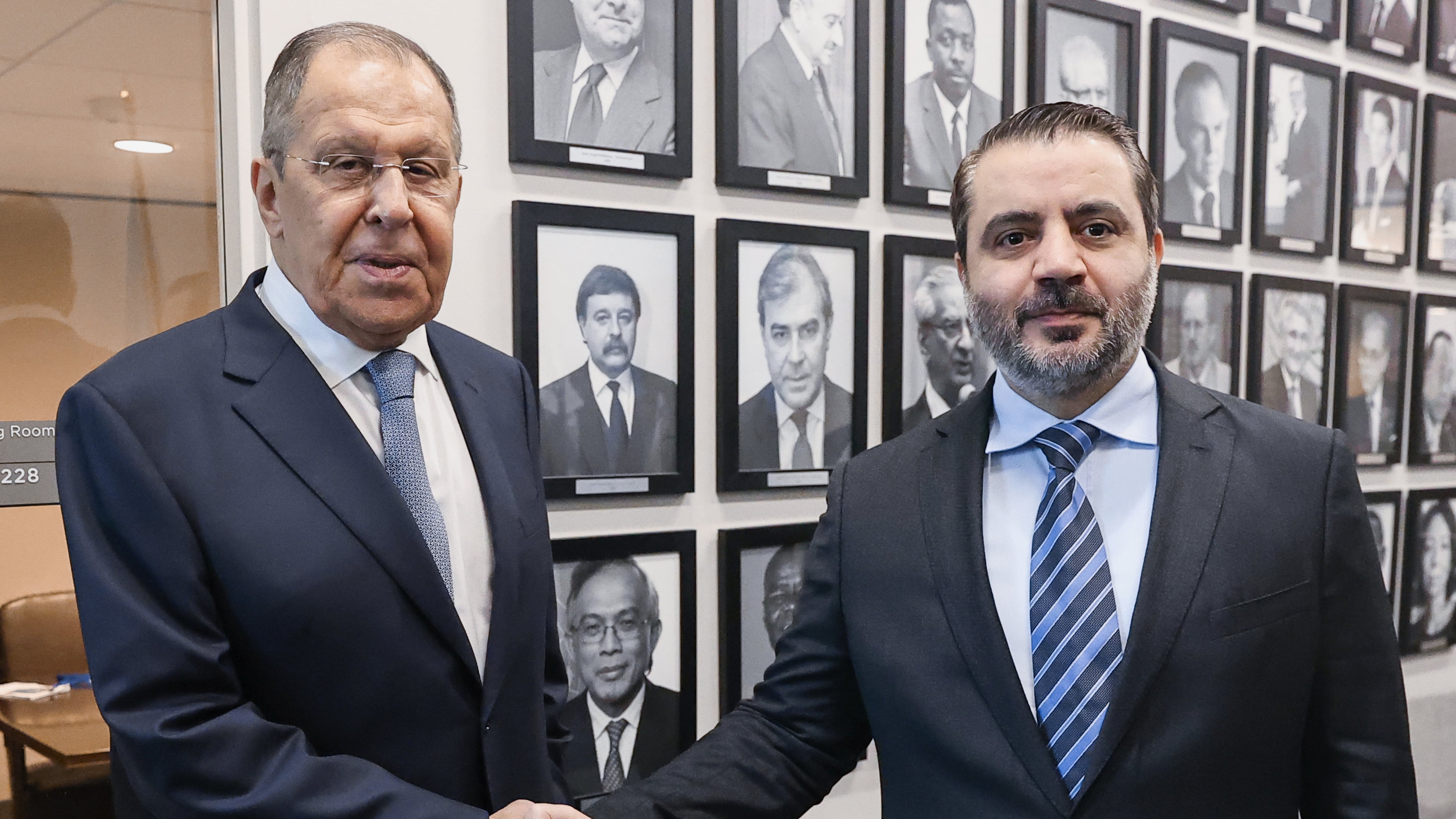 In this photo released by Russian Foreign Ministry Press Service, Syrian Foreign minister Asaad al-Shaibani, right, meets with Russian Foreign Minister Sergey Lavrov as part of the 80th session of the United Nations General Assembly at the Lotte Palace Hotel, on Thursday, Sept. 25, 2025, in New York. (Russian Foreign Ministry Press Service via AP)