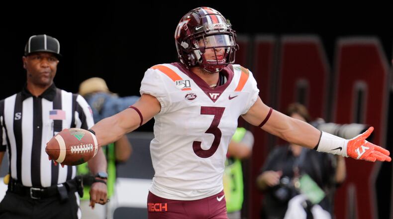 Virginia Tech defensive back Caleb Farley reacts after intercepting a pass intended against the Miami Hurricanes Saturday, Oct. 5, 2019, in Miami Gardens, Fla. (Lynne Sladky/AP)