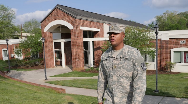 April 19, 2017 Dahlonega - Dante Harris leaves Military Leadership Center on University of North Georgia Dahlonega Campus on Wednesday, April 19, 2017. He is facing suspension and the potential loss of his $70,000 scholarship. He is also facing a felony charge and a misdemeanor charge. HYOSUB SHIN / HSHIN@AJC.COM