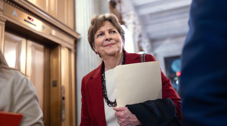 FILE - Sen. Jeanne Shaheen, D-N.H., arrives at the chamber of the Capitol in Washington, Nov. 10, 2025. (AP Photo/J. Scott Applewhite, File)