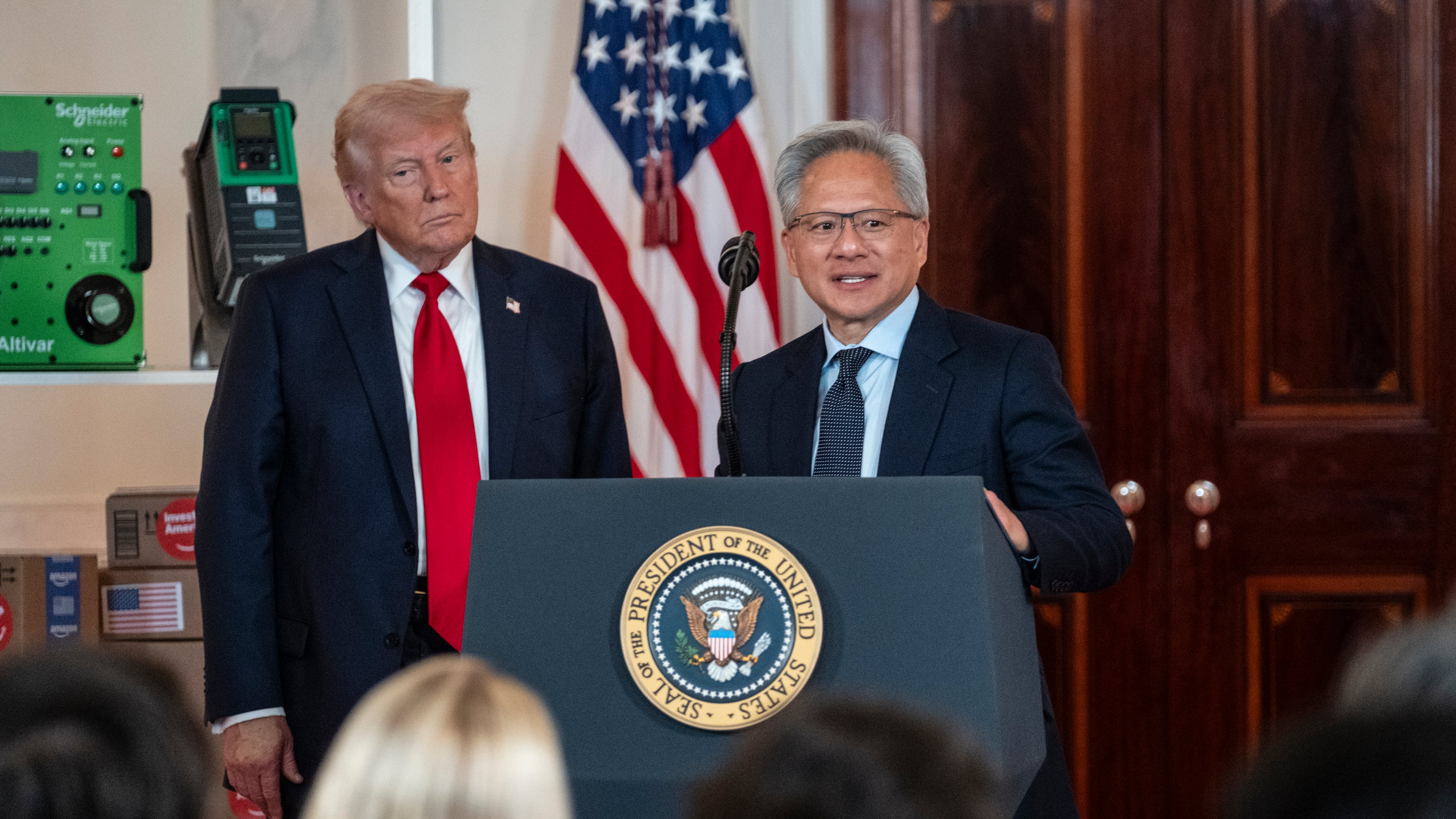 Jensen Huang, the chief executive of Nvidia, which currently controls more than 90% of the market for chips needed to build artificial intelligence systems, with President Donald Trump in Washington, April 30, 2025. (Pete Marovich/The New York Times)