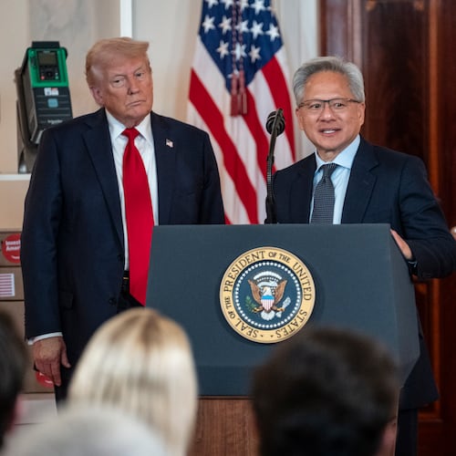 Jensen Huang, the chief executive of Nvidia, which currently controls more than 90% of the market for chips needed to build artificial intelligence systems, with President Donald Trump in Washington, April 30, 2025. (Pete Marovich/The New York Times)