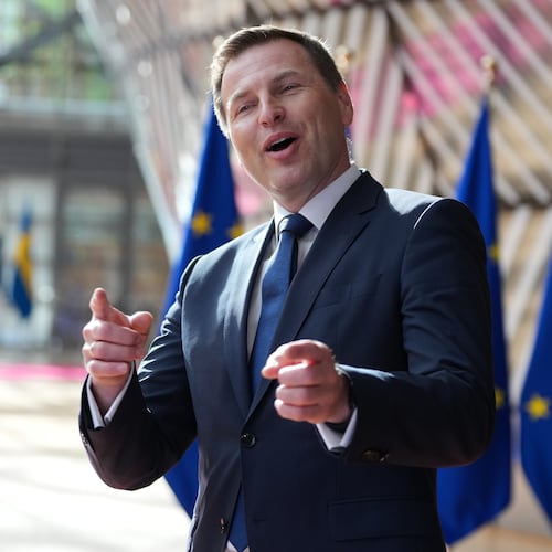 Estonia's Defense Minister Hanno Pevkur speaks with the media as he arrives for a meeting of EU defense ministers at the European Council building in Brussels, Tuesday, May 12, 2026. (AP Photo/Virginia Mayo)