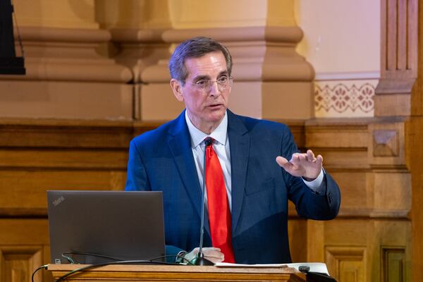 Secretary of State Brad Raffensperger, who is running for governor, spoke at a budget hearing at the Capitol in Atlanta on Wednesday. (Arvin Temkar/AJC)