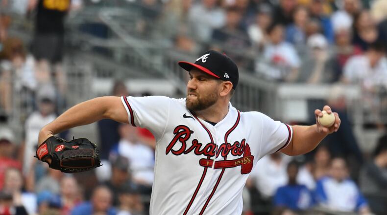 Braves relief pitcher Dylan Lee (52) throws a pitch against Boston Red Sox during the first inning at Truist Park, Wednesday, May 10, 2023, in Atlanta. (Hyosub Shin / Hyosub.Shin@ajc.com)