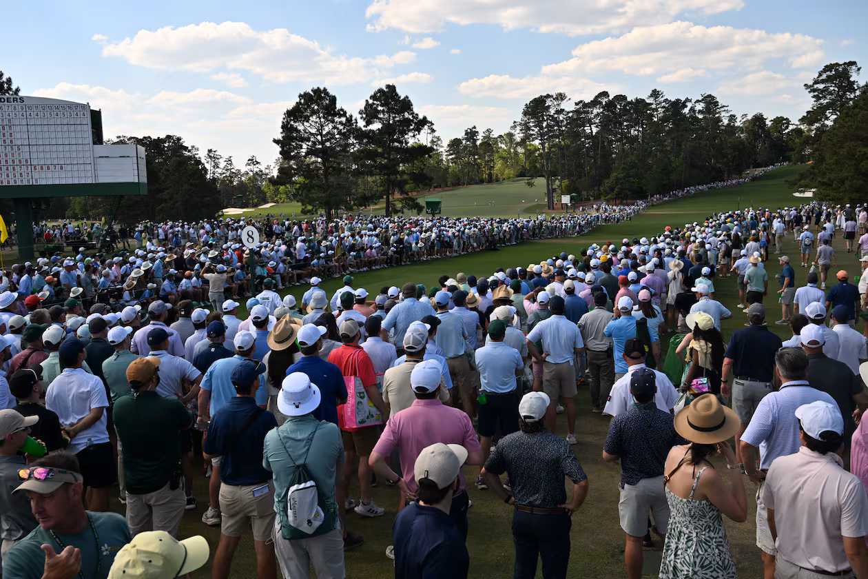 Patrons watch Cameron Young tee off on eighth hole during final round of the Masters, at Augusta National Golf Club, Sunday, April 12, 2026, in Augusta. (Hyosub Shin/AJC)
