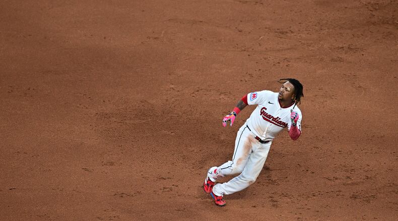 Cleveland Guardians' Jose Ramirez rounds first base after hitting a single during the sixth inning of a baseball game against the New York Yankees, Tuesday, June 9, 2026, in Cleveland. (AP Photo/David Dermer)