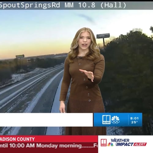 11Alive traffic co-anchor Rachel Cox-Rosen delivers a traffic report during her first winter storm in Atlanta on Sunday, Jan. 25, 2026. (Courtesy of 11Alive)