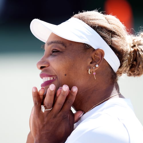 Serena Williams of the U.S. reacts during a practice session, ahead of the Wimbledon Tennis Championships, at the All England Lawn Tennis and Croquet Club, in London, Saturday June 27, 2026. (John Walton/PA via AP)
