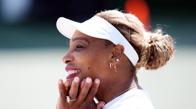 Serena Williams of the U.S. reacts during a practice session, ahead of the Wimbledon Tennis Championships, at the All England Lawn Tennis and Croquet Club, in London, Saturday June 27, 2026. (John Walton/PA via AP)