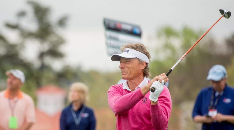 It's sweater weather when Bernhard Langer begins his long day at TPC Sugarloaf on Saturday. (Mitsubishi Electric Classic/Kate Awtrey)