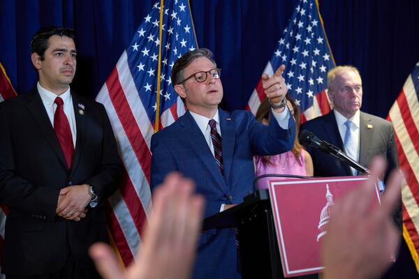 Speaker of the House Mike Johnson, R-La., center, flanked by Rep. Gabe Evans, R-Colo., left, and House Majority Leader Steve Scalise, R-La., defends Donald Trump's handling of protests in Los Angeles and echoed the president's attacks on Democratic Gov. Gavin Newsom as Trump sends thousands of National Guard troops and 700 active duty Marines to quell the protests over raids by Immigration and Customs Enforcement, during a news conference at the RNC near the Capitol in Washington, Tuesday, June 10, 2025. (AP Photo/J. Scott Applewhite)