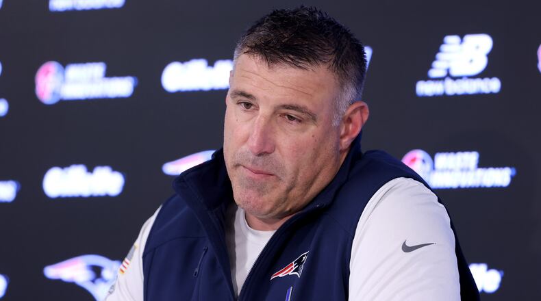 New England Patriots head coach Mike Vrabel speaks during an NFL football press conference, Tuesday, April 21, 2026, in Foxborough, Mass. (AP Photo/Mark Stockwell)