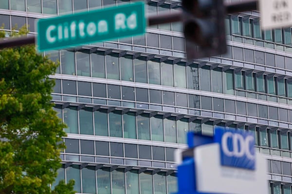 Bullet marks on the windows of the CDC headquarters. 