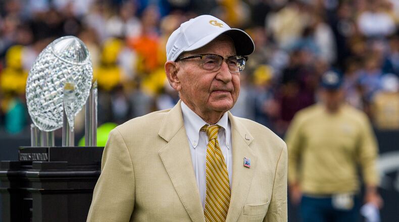 Former Georgia Tech athletic director Homer Rice is recognized at halftime of the Yellow Jackets' Oct. 30, 2021 game against Virginia Tech at Bobby Dodd Stadium. The homecoming game served as a reunion for the school's 1990 national championship team. (Danny Karnik/Georgia Tech Athletics)
