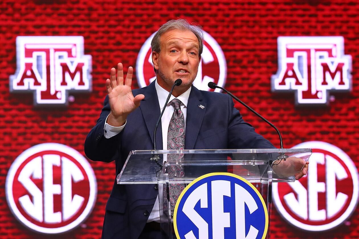 Former Texas A&M head coach Jimbo Fisher holds his press conference at SEC Media Days in the College Football Hall of Fame on Thursday, July 21, 2022, in Atlanta. (Curtis Compton/AJC)