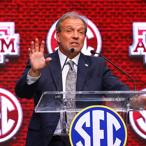 Former Texas A&M head coach Jimbo Fisher holds his press conference at SEC Media Days in the College Football Hall of Fame on Thursday, July 21, 2022, in Atlanta. (Curtis Compton/AJC)