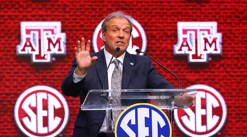 Former Texas A&M head coach Jimbo Fisher holds his press conference at SEC Media Days in the College Football Hall of Fame on Thursday, July 21, 2022, in Atlanta. (Curtis Compton/AJC)