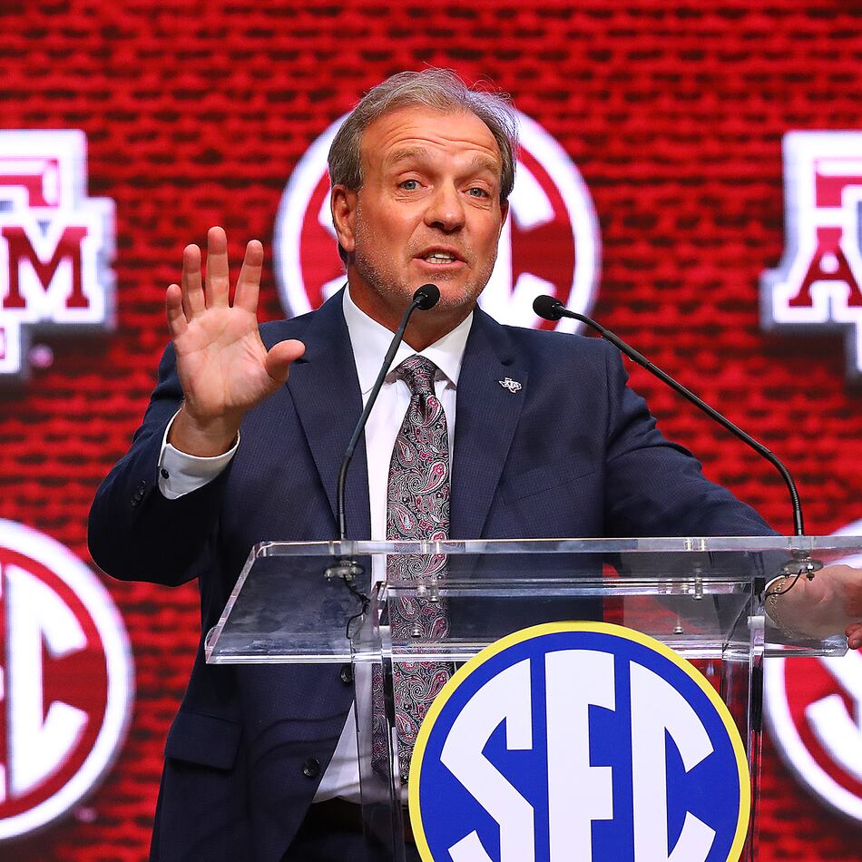 Former Texas A&M head coach Jimbo Fisher holds his press conference at SEC Media Days in the College Football Hall of Fame on Thursday, July 21, 2022, in Atlanta. (Curtis Compton/AJC)