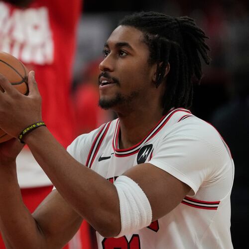 FILE - Chicago Bulls guard Jaden Ivey warms up before an NBA basketball game against the Toronto Raptors, Thursday, Feb. 19, 2026, in Chicago. (AP Photo/Erin Hooley, File)