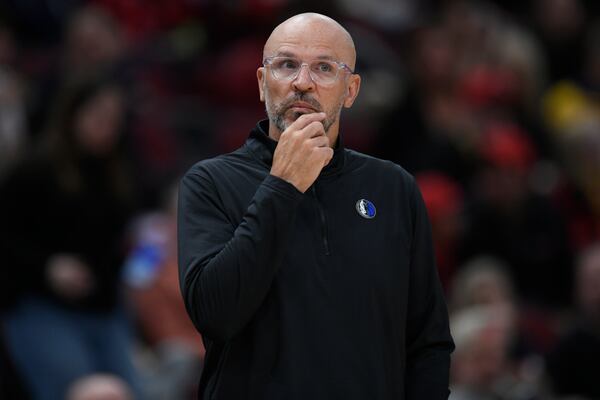 Dallas Mavericks head coach Jason Kidd looks on during the second half of an NBA basketball game against the Chicago Bulls, Saturday, March 29, 2025, in Chicago. (AP Photo/Paul Beaty)