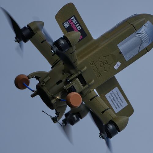 FILE - A Sting interceptor drone flies during drills at the Yatagan School for Unmanned Aerial Systems in the Kyiv region, Ukraine, on March 19, 2026. (AP Photo/Efrem Lukatsky, File)