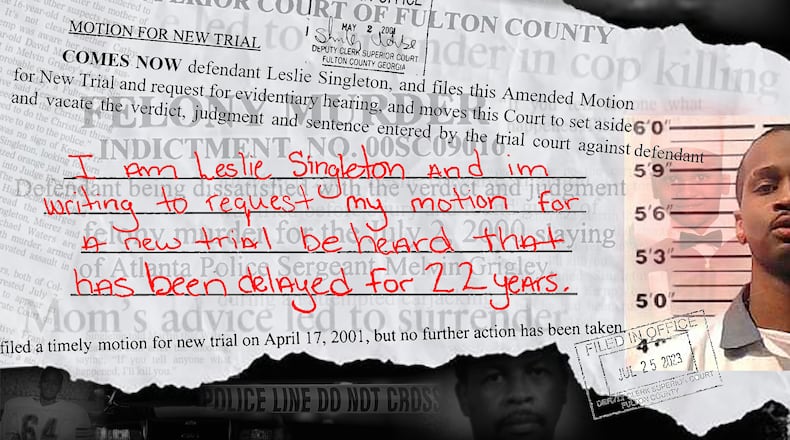 Illustration depicting the two-decade legal saga involving Leslie Singleton, who was found guilty of murder in Fulton County in 2001 but fell through the cracks of the legal system and never had his case reviewed by a court. (Illustration by ArLuther Lee | The Atlanta Journal-Constitution)