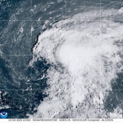 This satellite image provided by the National Oceanic and Atmospheric Administration (NOAA) shows Tropical Storm Lorenzo in the Atlantic Ocean, Monday, Oct. 13, 2025. (NOAA via AP)