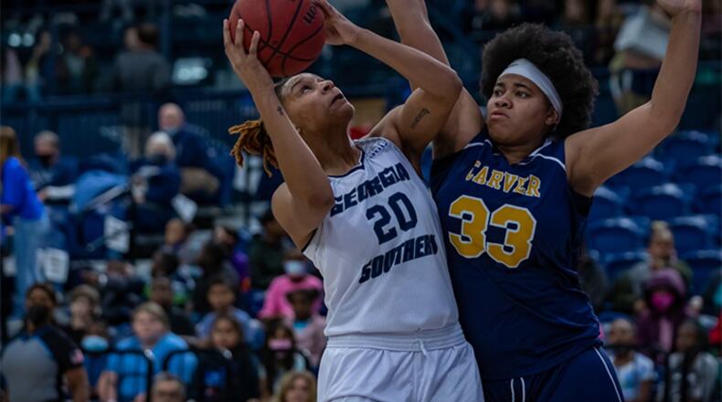 Georgia Southern Women’s Basketball faces the Carver College Cougars at Hanner Fieldhouse on December 13, 2021 in Statesboro, Georgia. (Credit: AJ Henderson / Georgia Southern)