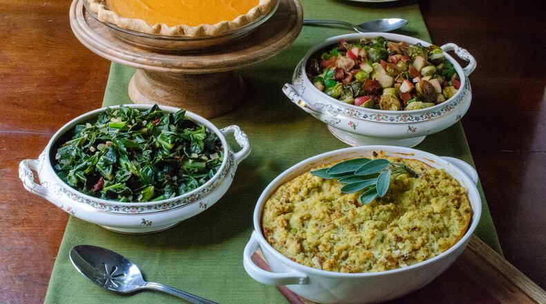 Whole-Grain Herb Cornbread Dressing, Vegan Smoky Collard Greens with Chipotle, Roast Brussels Sprouts with Apples and Bacon, and Brown Butter Sweet Potato Pie are healthier than traditional versions of classic Thanksgiving dishes. 
(Virginia Willis for The Atlanta Journal-Constitution)