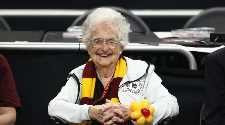 Loyola-Chicago team chaplain Sister Jean Dolores-Schmidt looks on before the Ramblers faced Michigan in Saturday's Final Four game.
