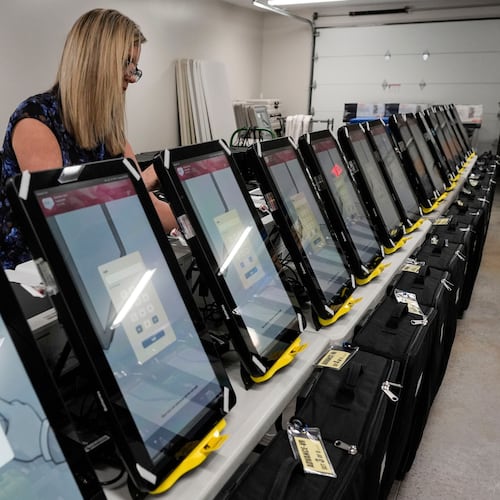FILE - Voting machines are seen at the Bartow County Election office, Jan. 25, 2024, in Cartersville, Ga. (AP Photo/Mike Stewart, File)