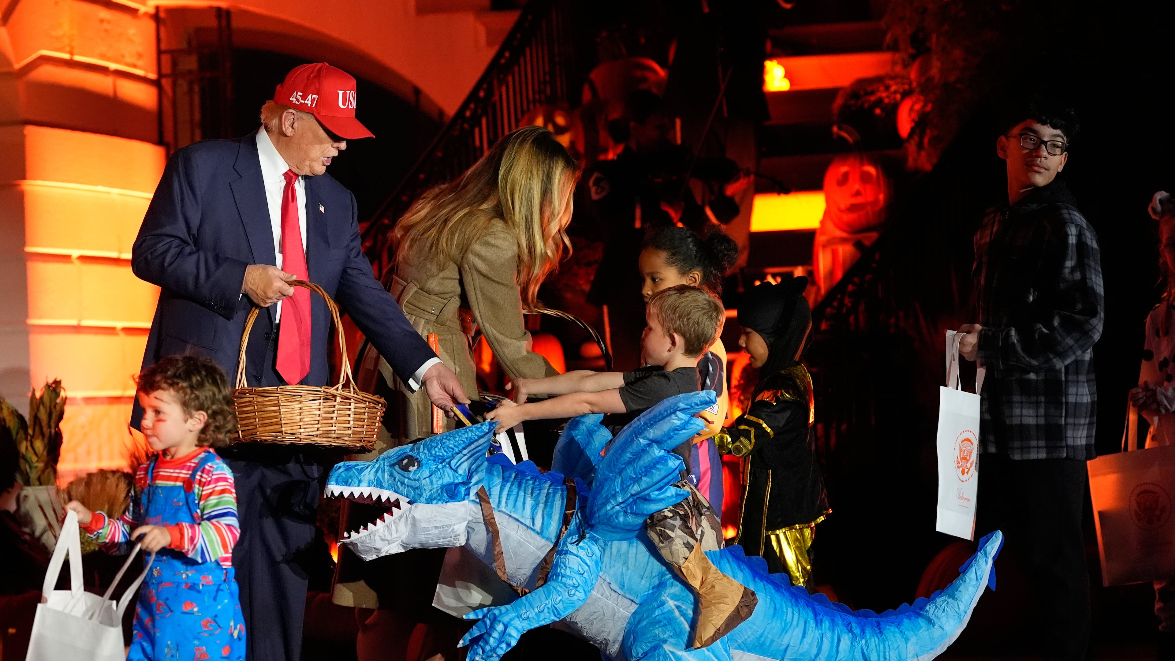 President Donald Trump and first lady Melania Trump participate in a Halloween at the White House event on the South Lawn, Thursday, Oct. 30, 2025, in Washington. (AP Photo/Alex Brandon)