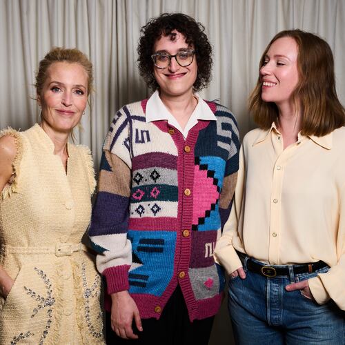 Gillian Anderson, from left, director Jane Schoenbrun, and Hannah Einbinder pose for portrait photographs for the film 'Teenage Sex and Death at Camp Miasma' during the 79th international film festival, Cannes, southern France, Tuesday, May 12, 2026. (Photo by Scott A Garfitt/Invision/AP)