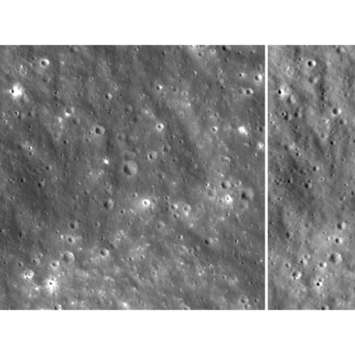 This combo made with photos provided by NASA on Tuesday, Aug. 18, 2026, taken by the Lunar Reconnaissance Orbiter, shows before, left, and after images of a fresh crater on the moon created by a collision with a SpaceX rocket. (NASA via AP)
