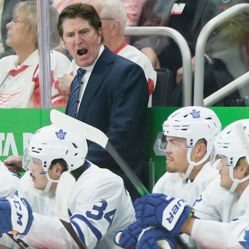 FILE - Toronto Maple Leafs head coach Mike Babcock during the third period of an NHL hockey game against the Detroit Red Wings, Oct. 12, 2019, in Detroit. (AP Photo/Duane Burleson, File)