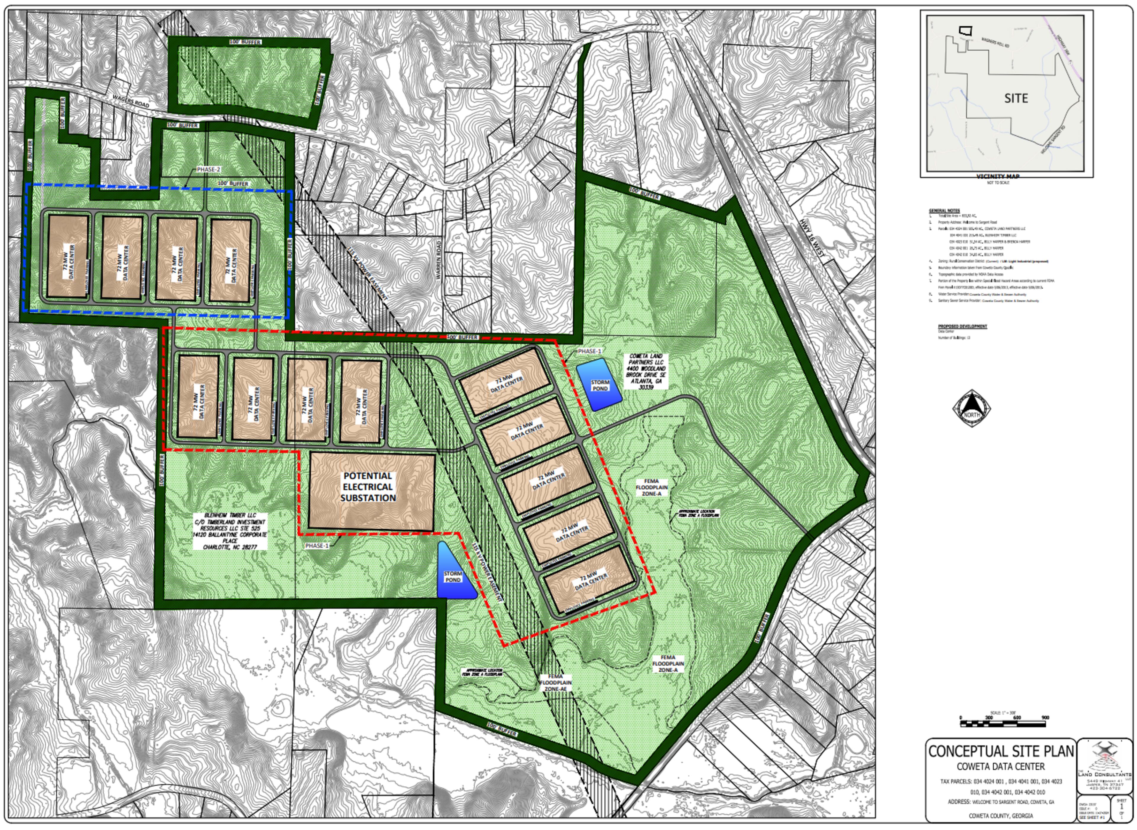 This is a preliminary site plan for Project Sail in Coweta County, a gigantic data center campus that spans 13 buildings. The project's design has yet to be finalized. (Courtesy Coweta County)