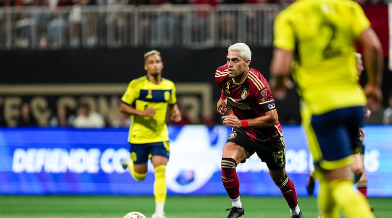 Atlanta United forward Daniel Ríos #19 dribbles the ball before the match against the Nashville SC at Mercedes-Benz Stadium in Atlanta, GA on Saturday September 14, 2024. (Photo by Mitch Martin/Atlanta United)