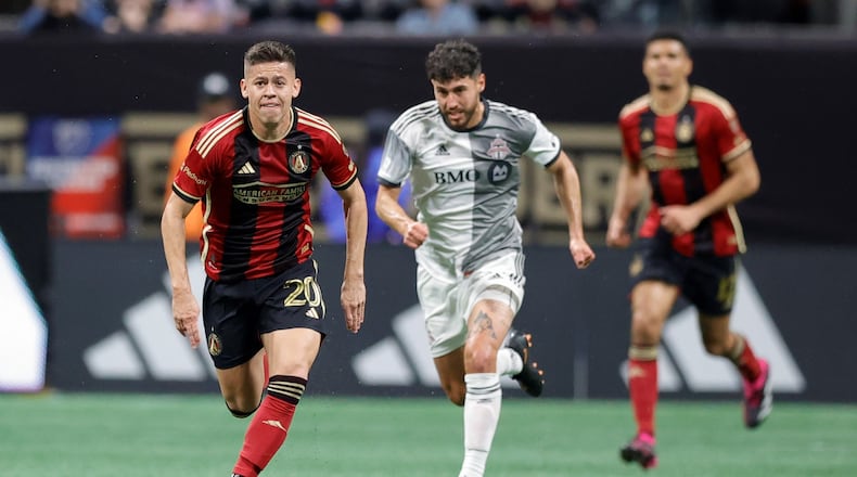 Atlanta United midfielder Matheus Rossetto is questionable for Saturday’s MLS game at Charlotte because he felt something in his hamstring, manager Gonzalo Pineda said Thursday. (AP photo/Alex Slitz)