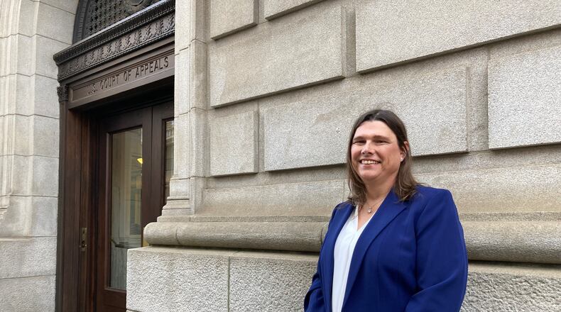 Anna Lange attends appellate court arguments in her landmark transgender rights case at the 11th Circuit in Atlanta on Tuesday, Feb. 4, 2025. She says her employers, Houston County and its sheriff, are unlawfully denying her insurance coverage for transgender-related health care. (Rosie Manins/AJC)