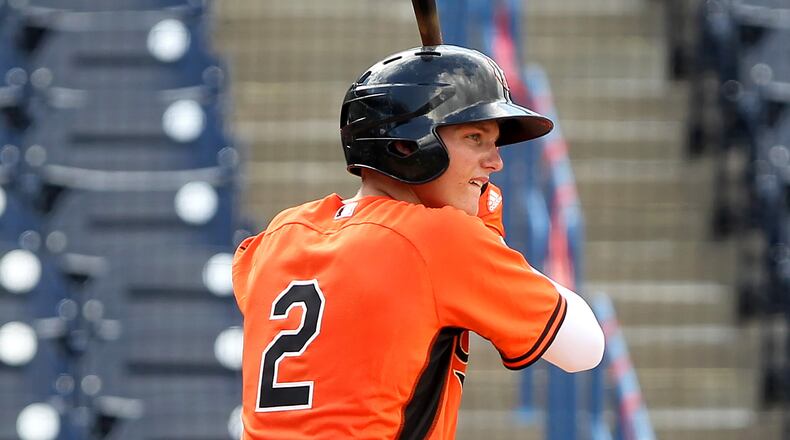 Parker Meadows, of Grayson, bats during the East Coast Pro Showcase on August 01, 2017, at Steinbrenner Field in Tampa, Fla.