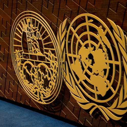 FILE - The logo of the International Court of Justice displayed on the judges' bench as the court opens a week of hearings in a border dispute dating back to the end of the 19th century between Guyana and Venezuela, in The Hague, Netherlands, May 4, 2026. (AP Photo/Peter Dejong, File)